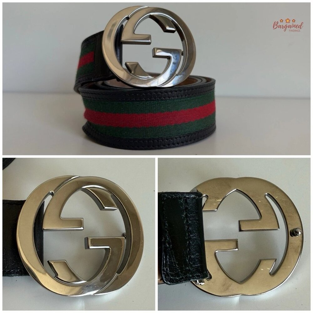 Authentic Gucci Web Green/Red Canvas Silver Interlocking G Buckle Belt 95/38 - Picture 2 of 14